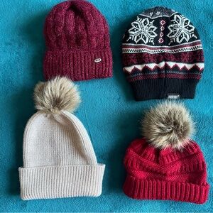 Winter Beanie Set - Red, Black, Cream, white, tan bundle of 4 hats knit pompom